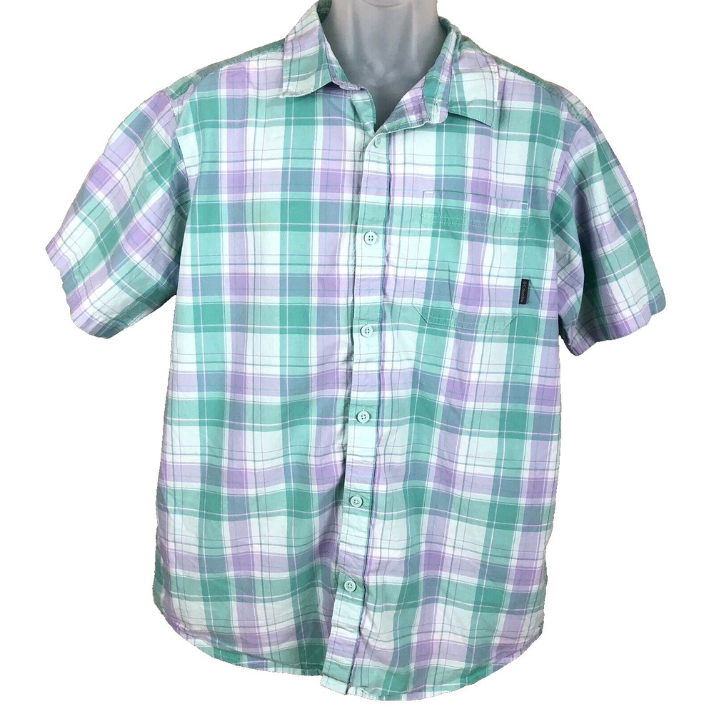 Columbia Sportswear Shirt‎ Mens L Green Purple Plaid Button Up Cotton Casual